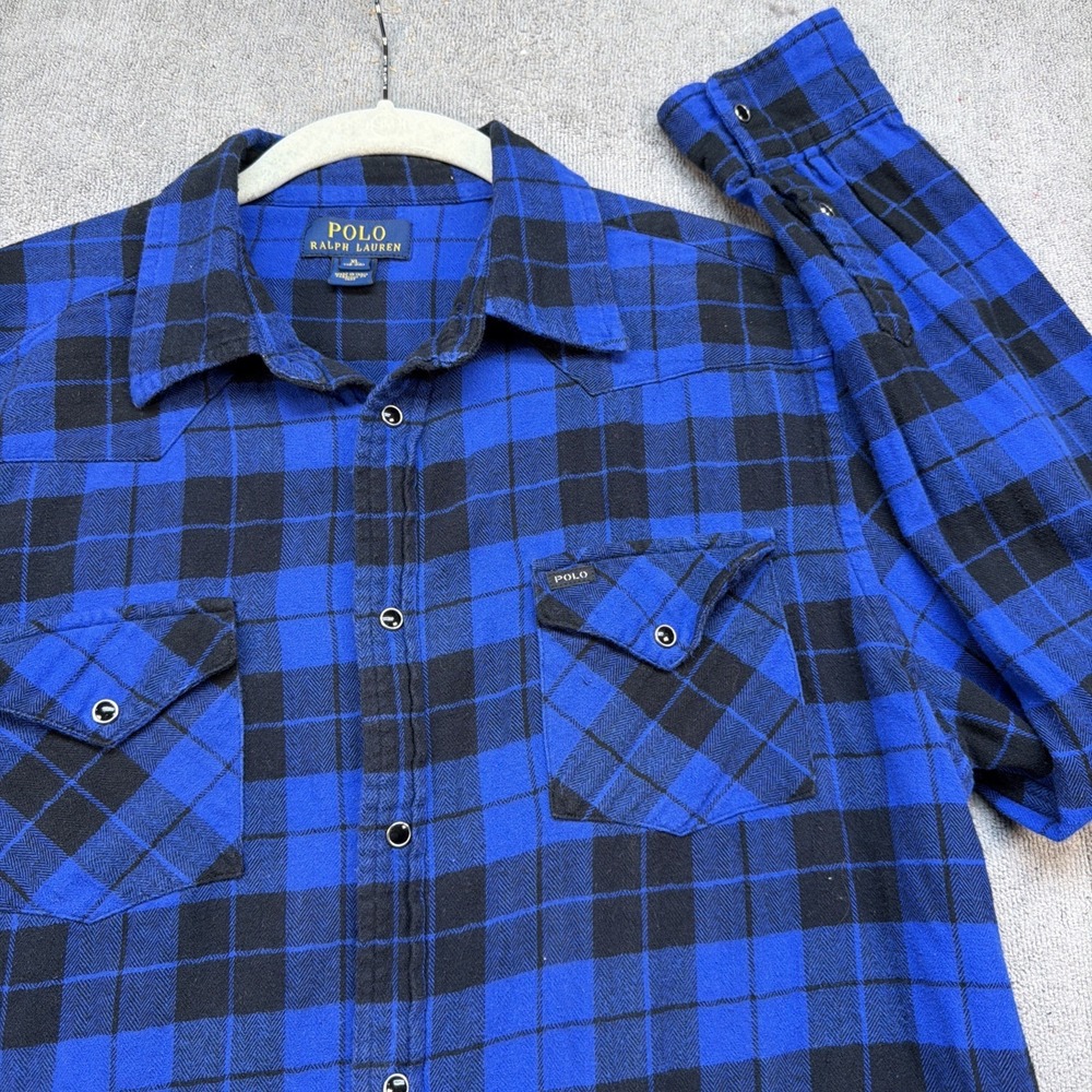 Polo Ralph Lauren Boys Flannel Shirt Blue Black Plaid‎ Snap Front XL 18-20